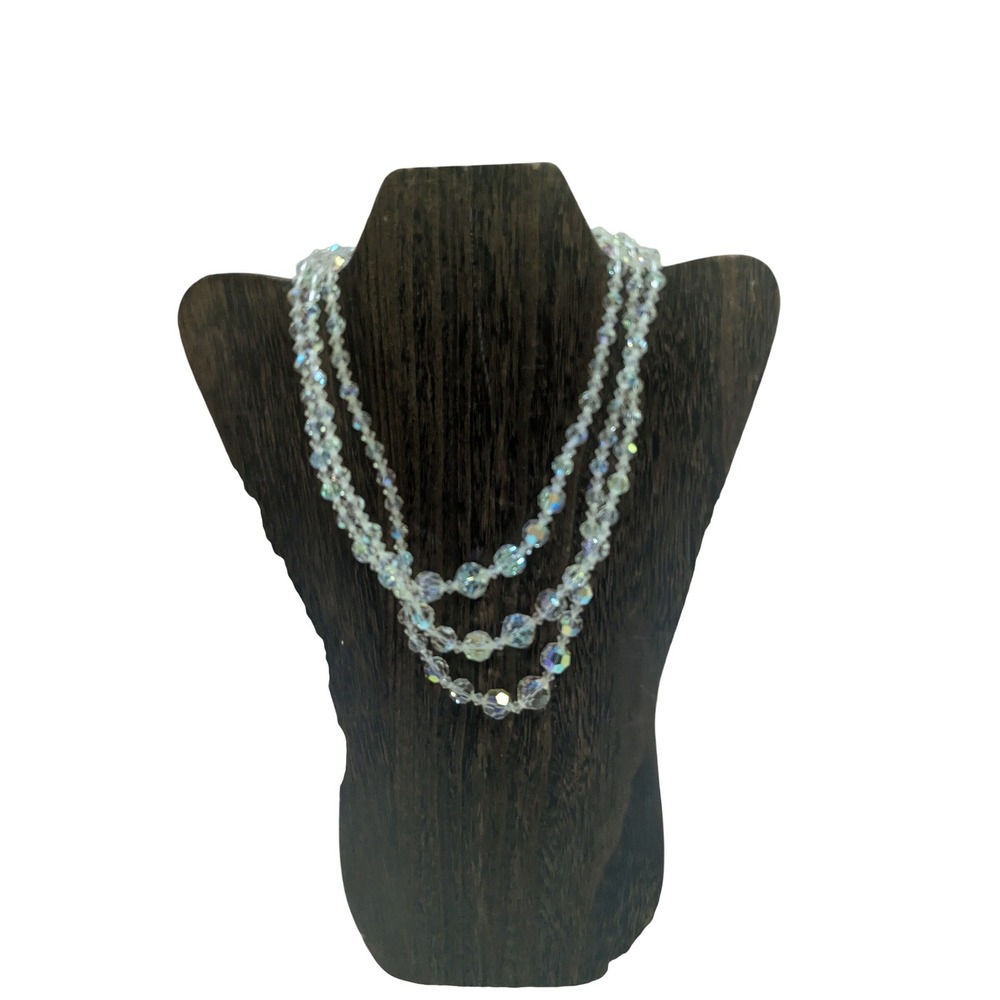 Vintage Aurora Borealis Crystal 3 Strand Graduated Bead Necklace Iridescent 17in
